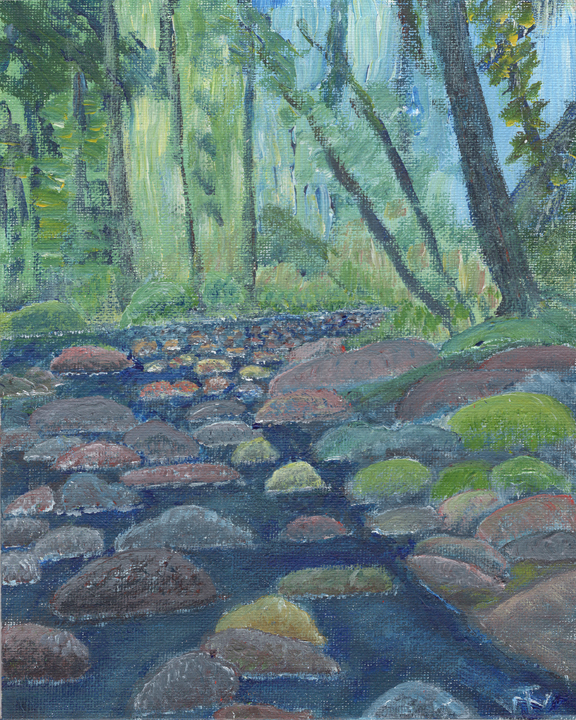 Cayuse Creek, Syringa Prov Park, BC, Acrylic on 8x10in canvas board, 2019