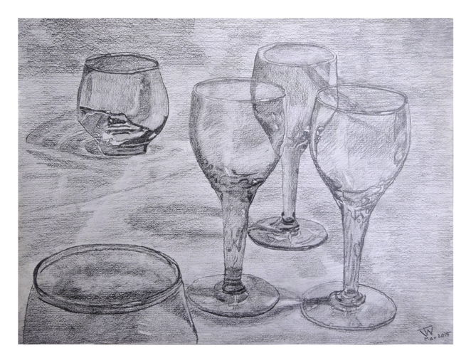 Shot Glass Still Life, Pencil Drawing, 9in x 12in, March 2015
